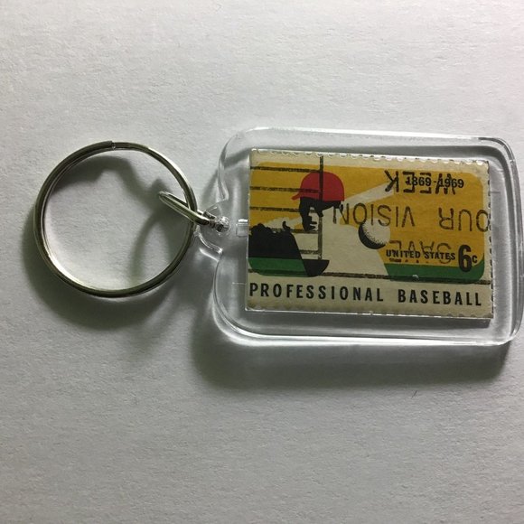 Professional Baseball Keychain - Upcycled Recycled Postage Stamp Key Chain - Picture 2 of 9